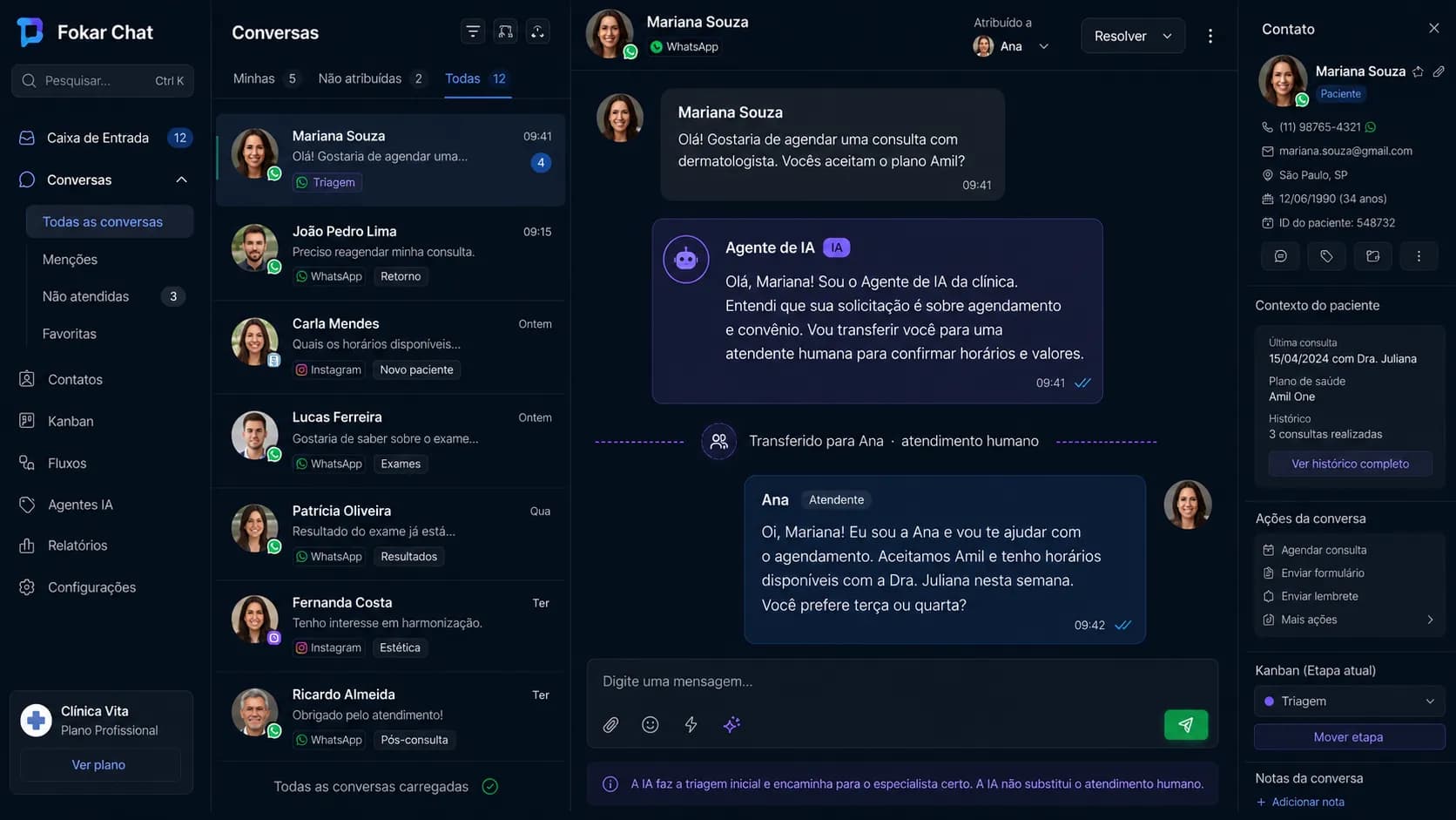 Conversa em que o agente de IA responde e depois transfere para um atendente humano