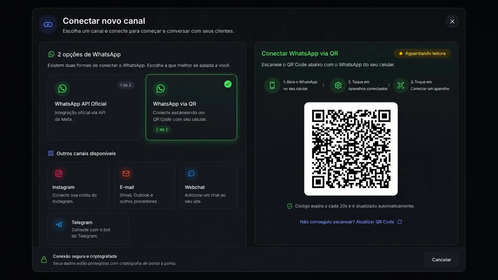 Tela de conexão de canais, com QR Code do WhatsApp