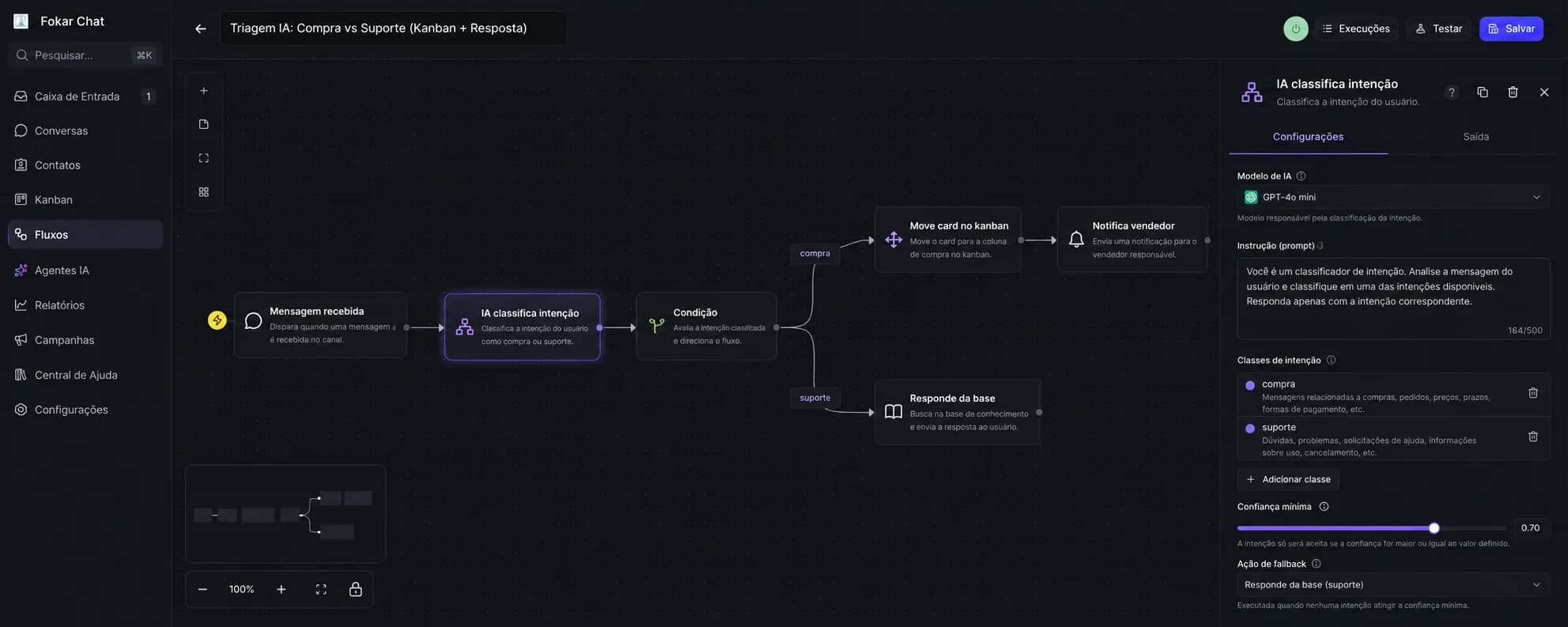 Editor visual de automações da plataforma