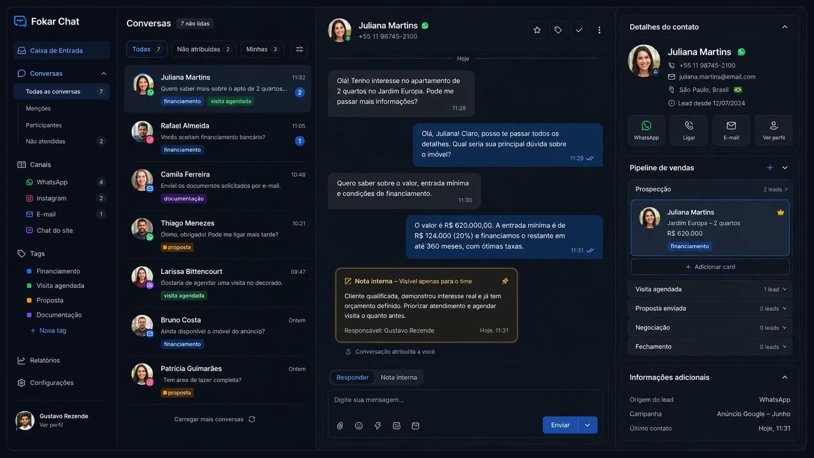Caixa de entrada da plataforma com conversas organizadas